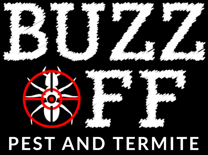 Buzz Pest and Termite logo with red bug target icon on black background