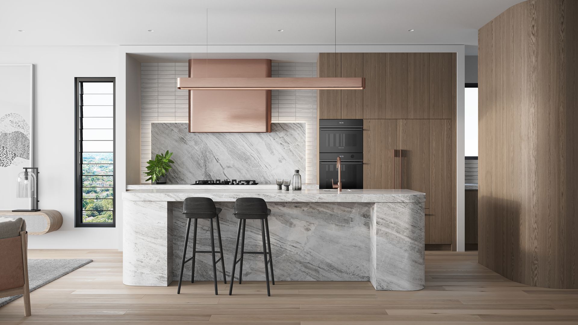 virtual build render of a kitchen with marble counter tops , wooden cabinets , and a large island .