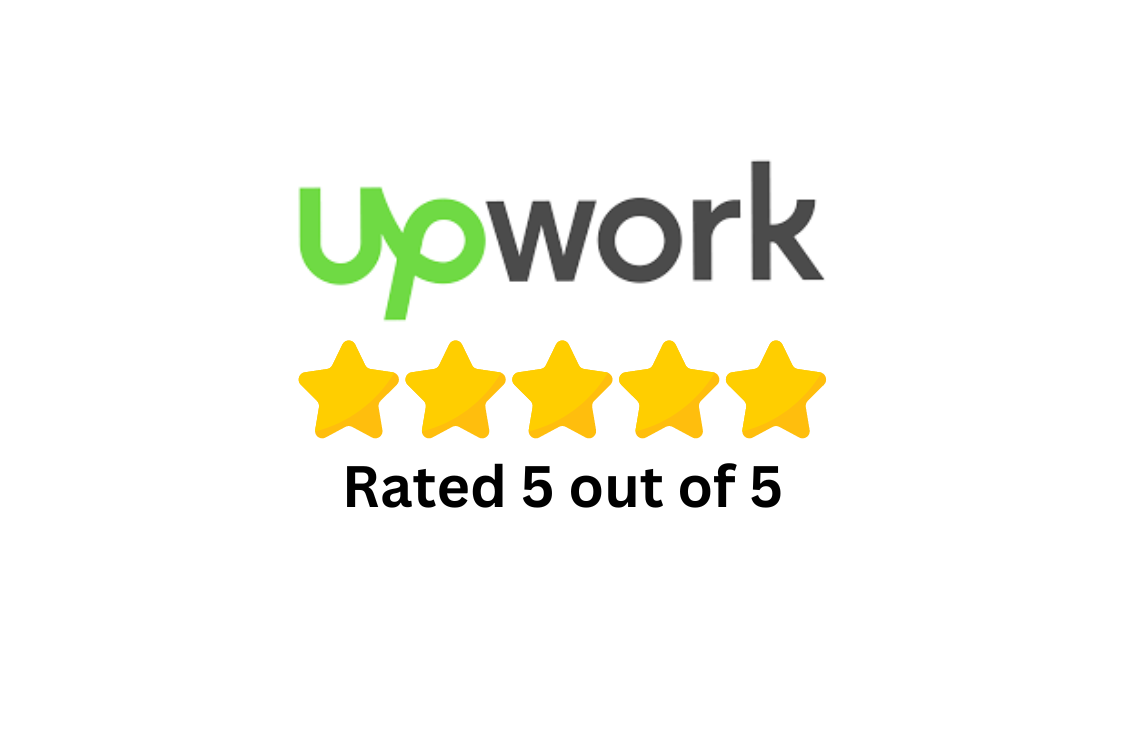 The upwork logo has five stars and is rated 5 out of 5.