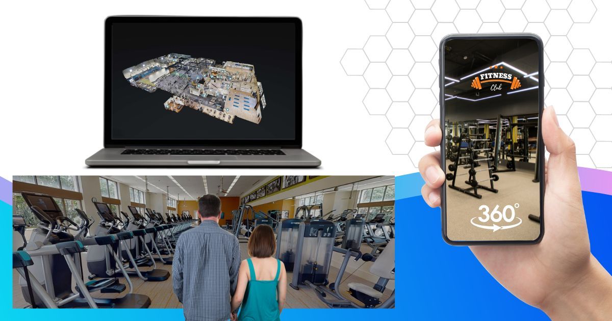 A person is holding a cell phone in front of a laptop and a gym. 360 tours