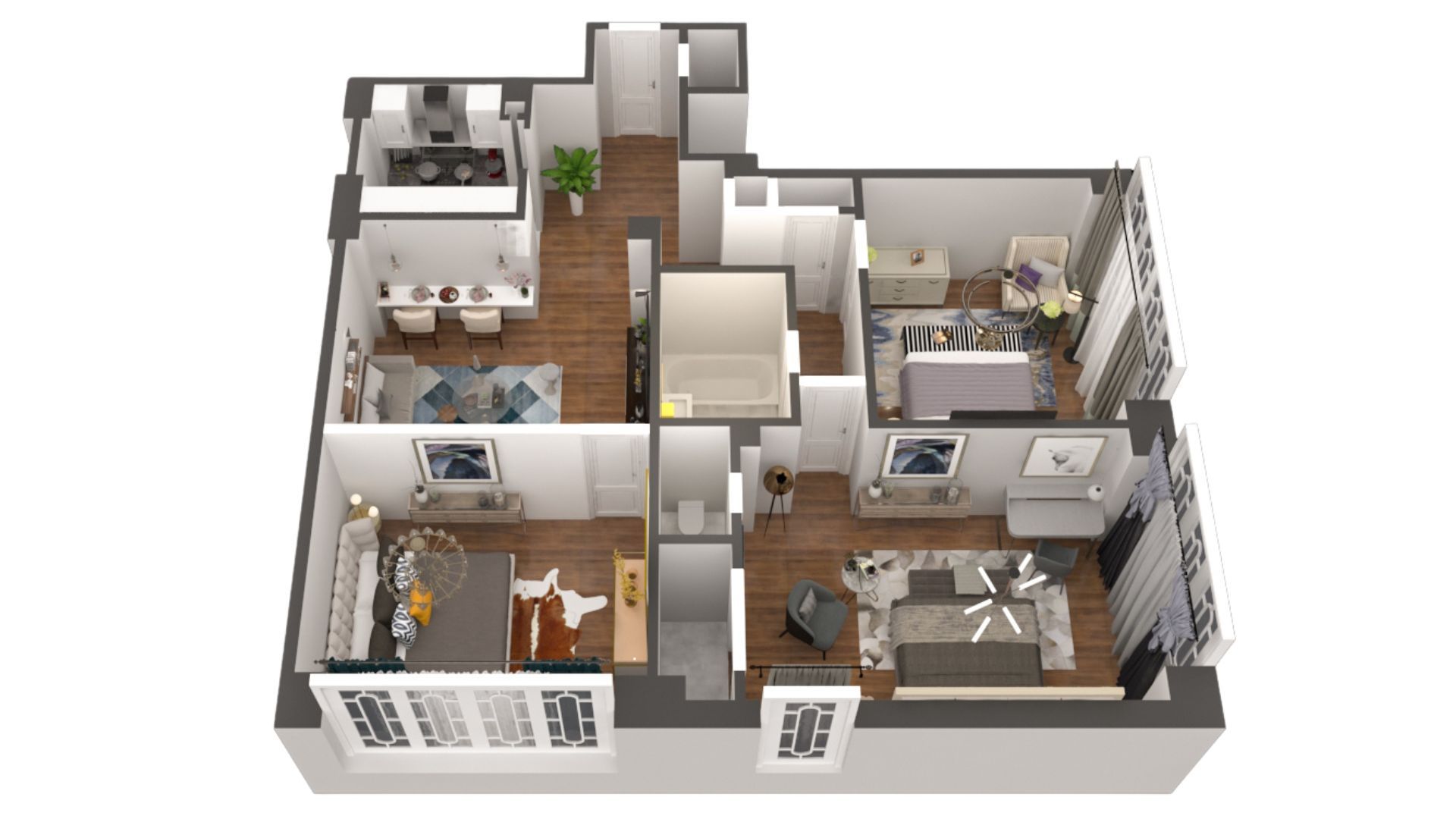 a 3d floor plan of a house with a living room , dining room , and bedroom .