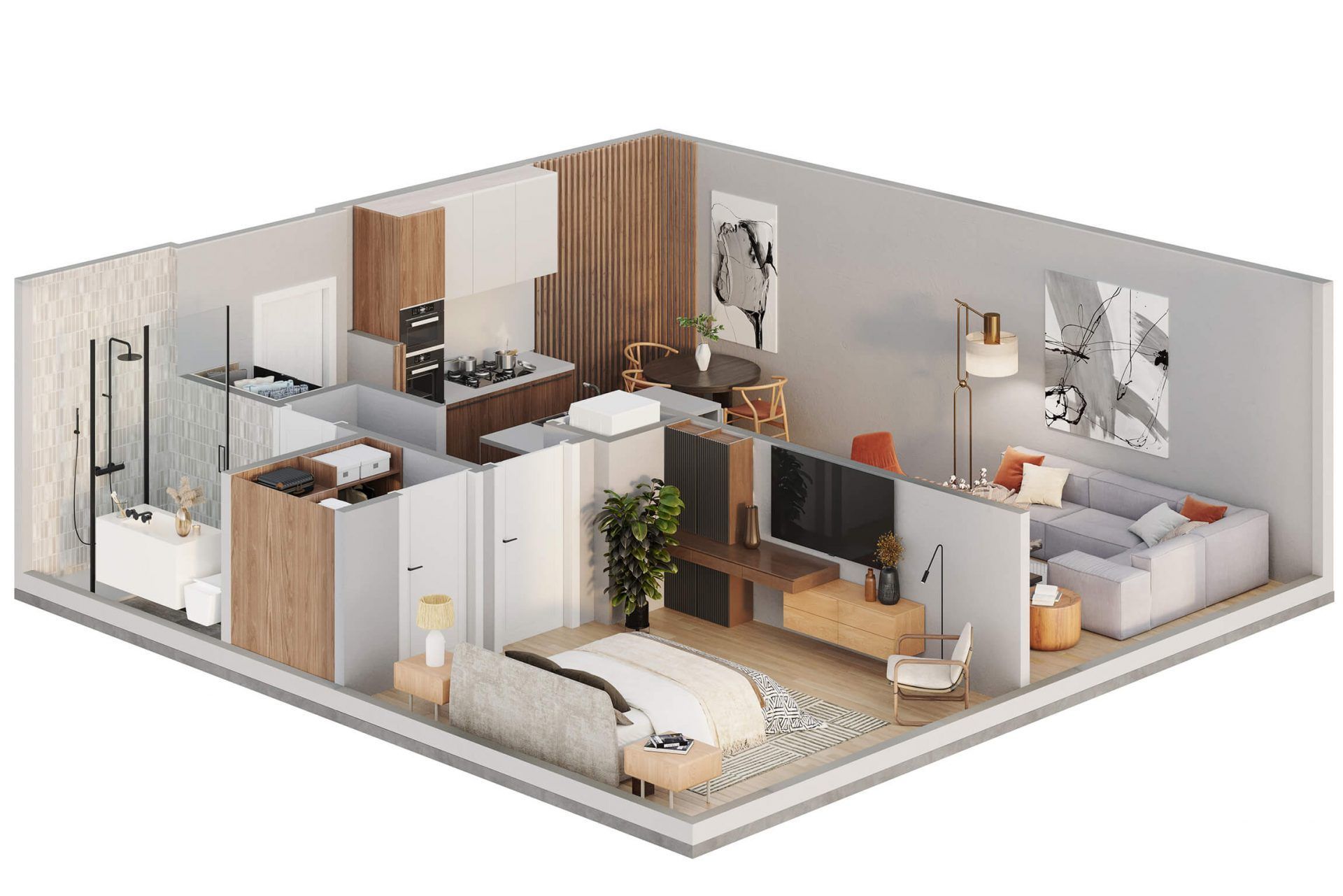 a 3d floor plan of a small apartment with a bedroom , living room , and kitchen .
