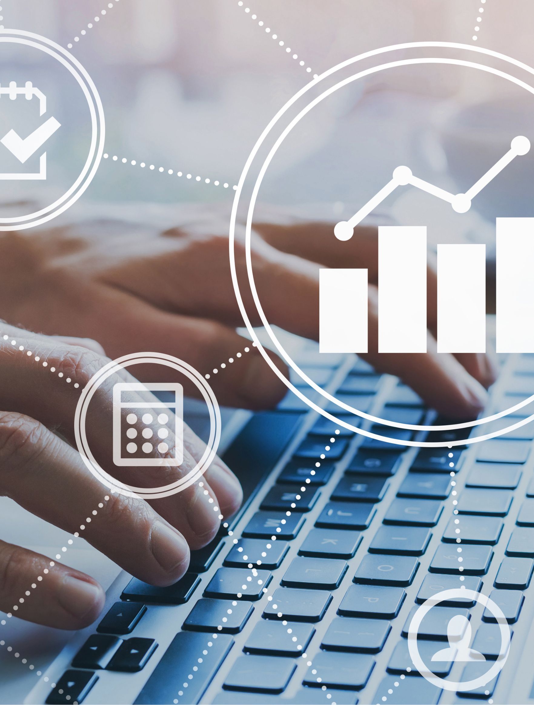 A person is typing on a laptop with a graph and calculator icons surrounding them