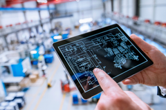 A person is holding a tablet with a blueprint on it in a factory.