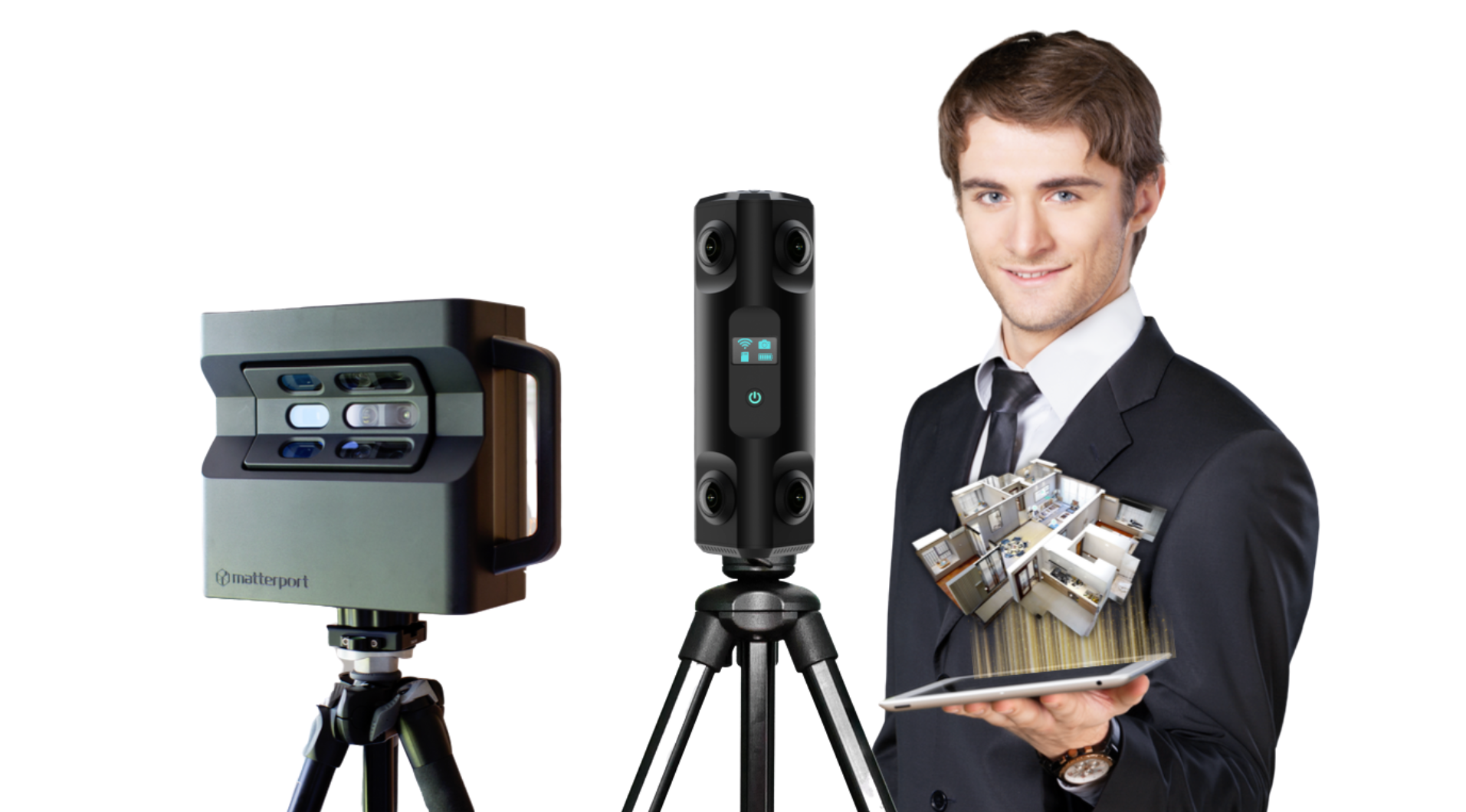 A man in a suit is holding a tablet in front of a camera on a tripod. Matterport 360 photography Eyemersed