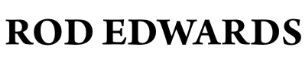 A black and white logo for rod edwards on a white background.