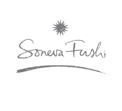 A logo for soneva fushi with a sun in the middle.