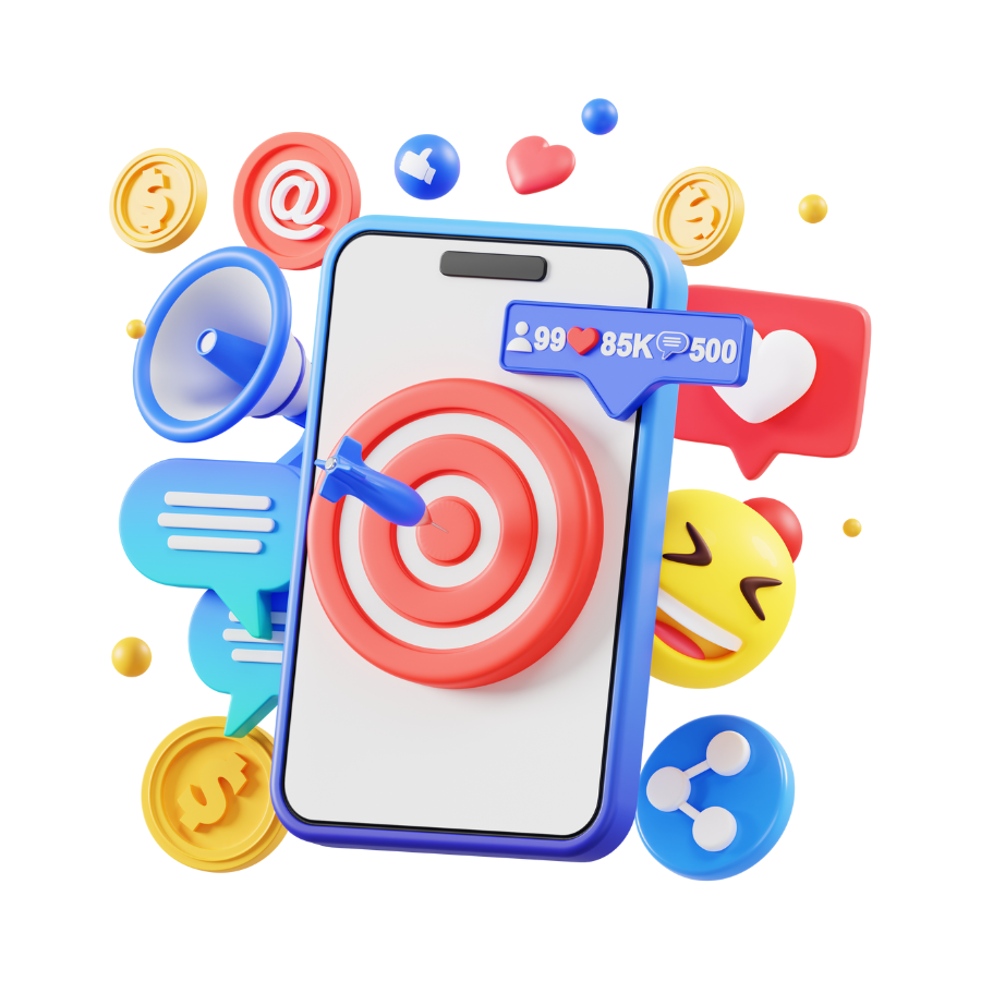 A 3d illustration of a cell phone with a target on the screen surrounded by social media icons.