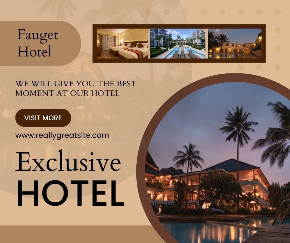 An advertisement for an exclusive hotel with a picture of a hotel and palm trees.
