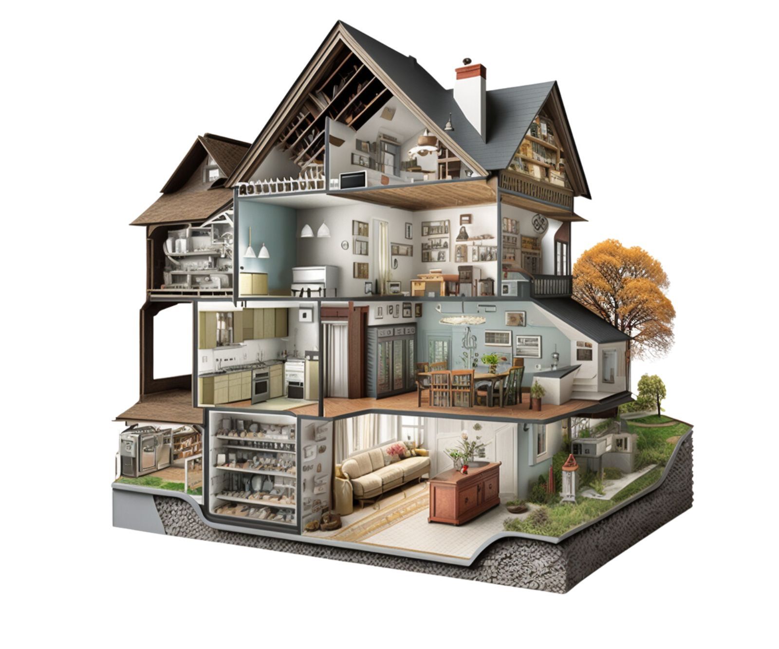 An illustration of a house cut in half showing the interior.
