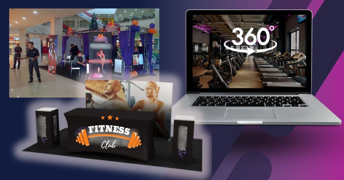 A laptop with a 360 degree view of a gym on the screen