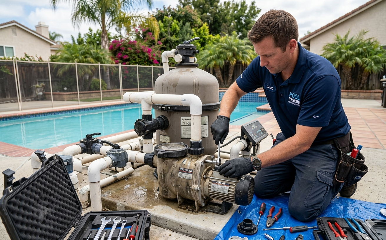 Pool technician repairing pump and filter equipment beside a backyard swimming pool.