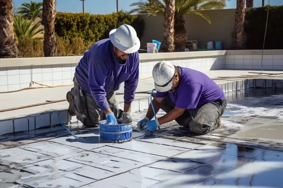 Two workers in purple shirts clean a tiled pool deck with brushes and a bucket.
