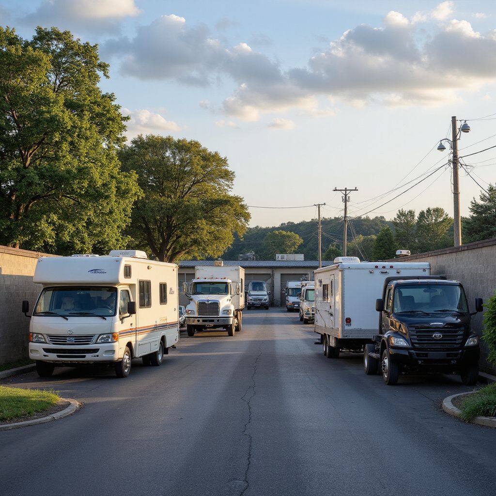 RVs and trucks parked on a paved road, next to a concrete wall with trees and a cloudy sky in the background.