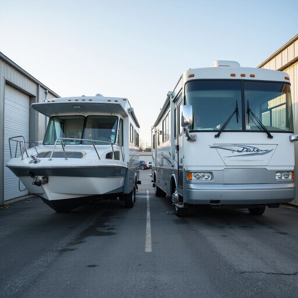 Boat and RV parked side-by-side on a concrete surface, in front of a white metal building.