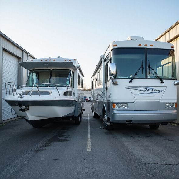Boat and RV parked side-by-side on a concrete surface, in front of a white metal building.