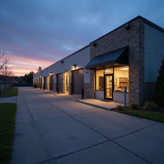 Storage facility at dusk, with lit units and office under a dark awning.