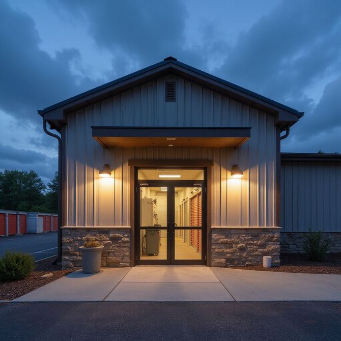 Entrance to a storage facility with double glass doors under a brown awning, set against a cloudy dusk sky.
