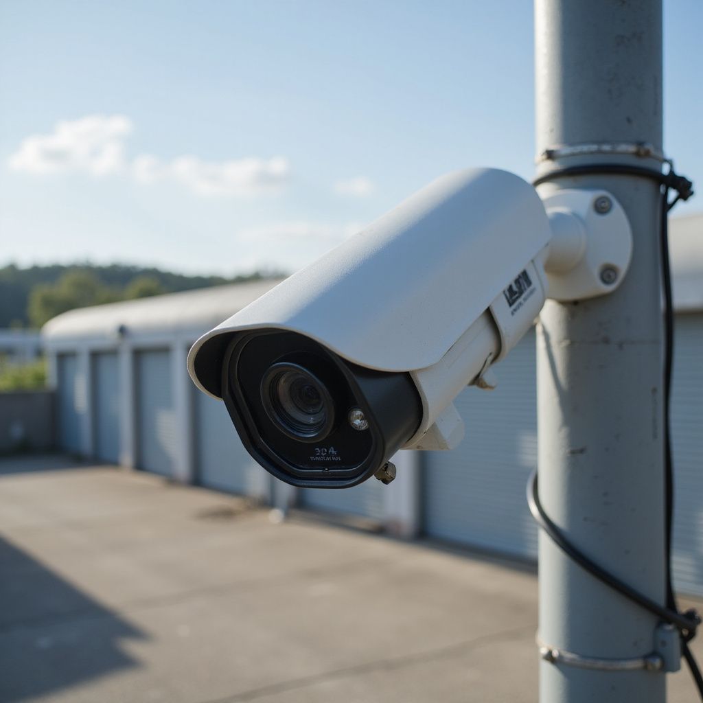 Security camera mounted on a pole, overlooking storage units on a sunny day.