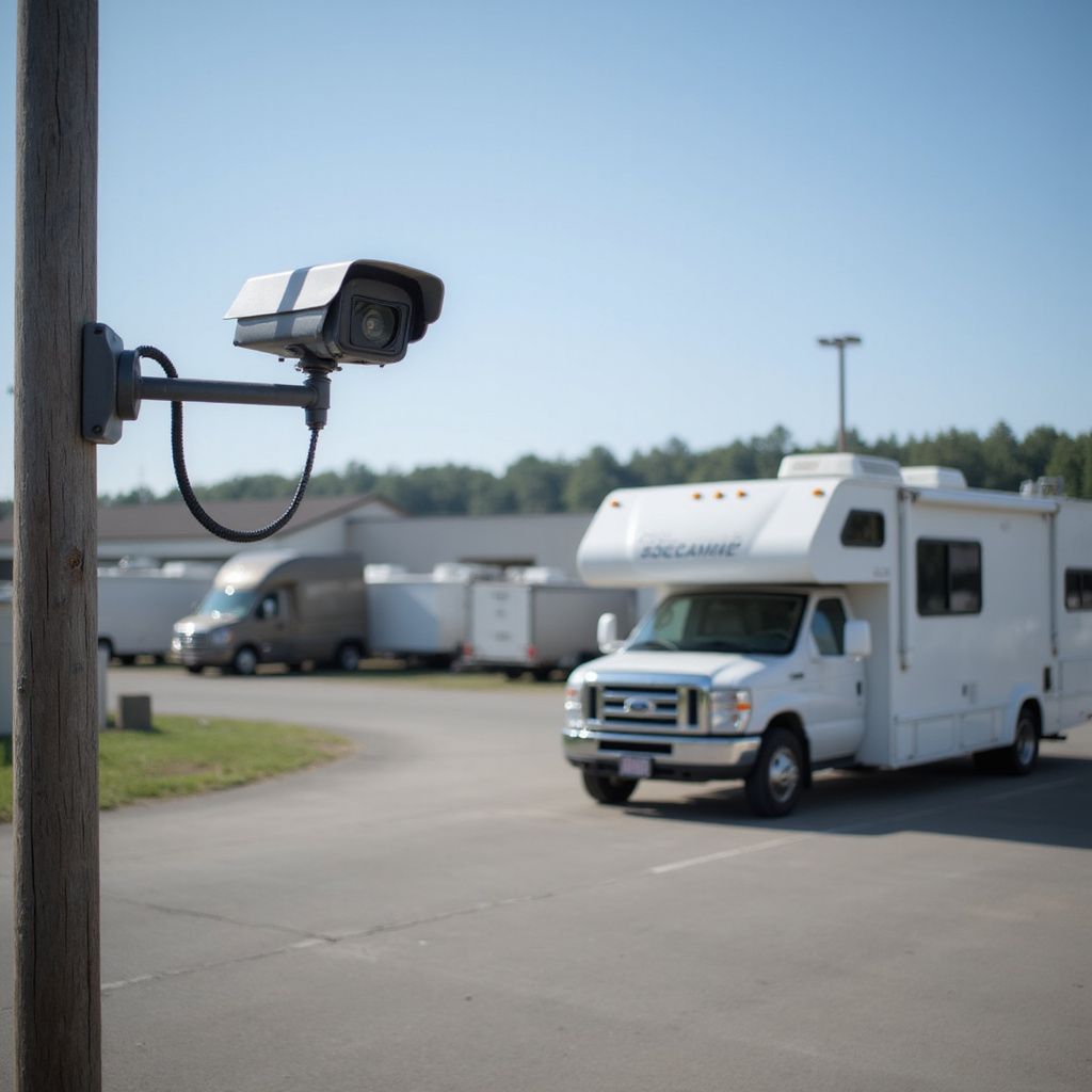 Security camera on a pole observing a white RV in a parking lot on a sunny day.