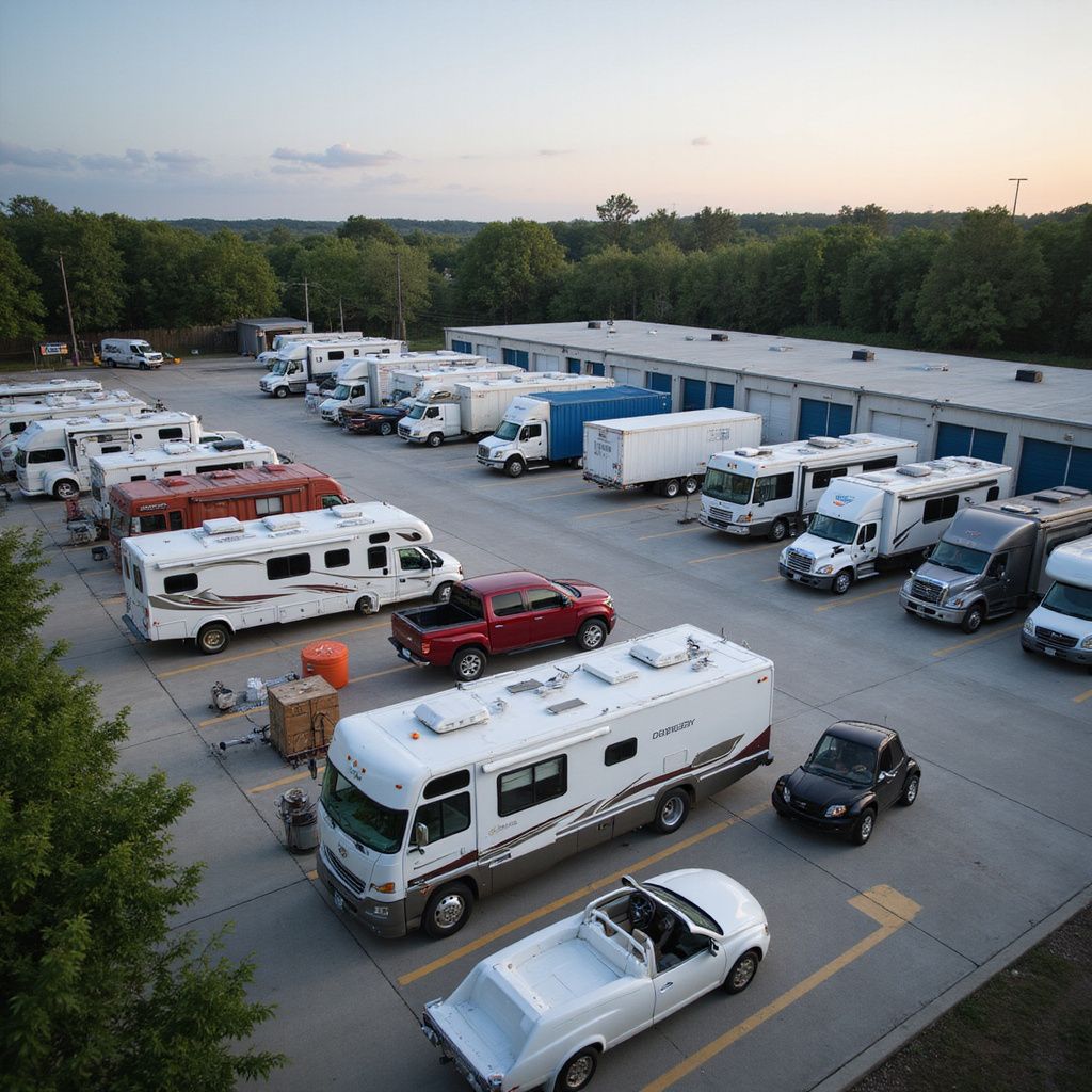 RV storage lot with various RVs, trucks, and a car parked. Rows of storage units in background.