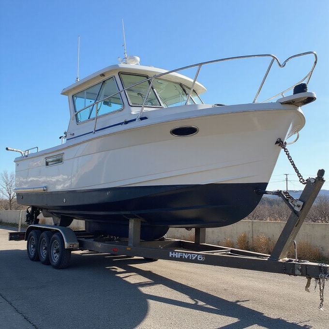 White and blue boat on a trailer, outdoors.