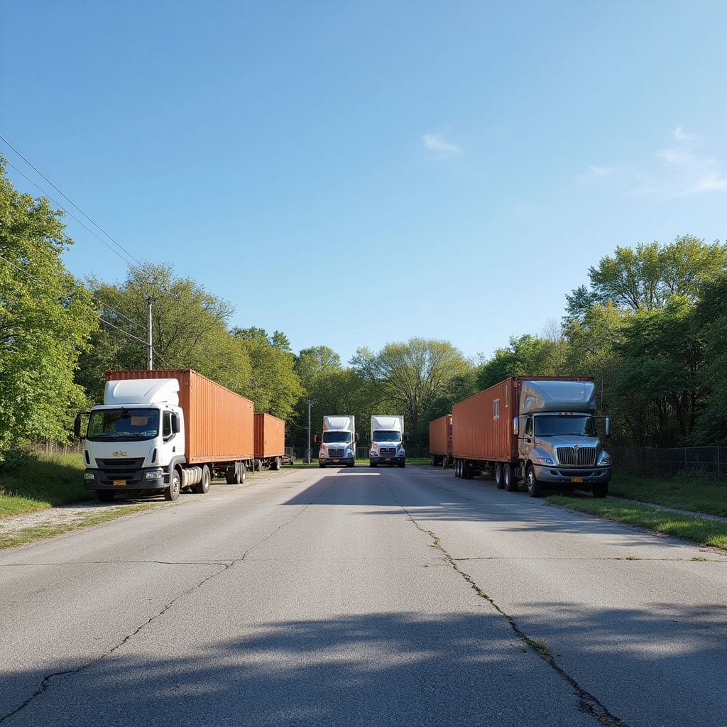 Four semi-trucks parked on a paved road, surrounded by trees and a blue sky.