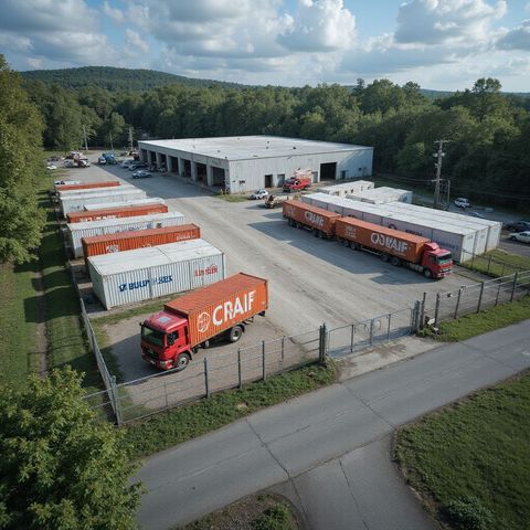 An aerial view of a warehouse with trucks and shipping containers; a rural setting with trees in the background.