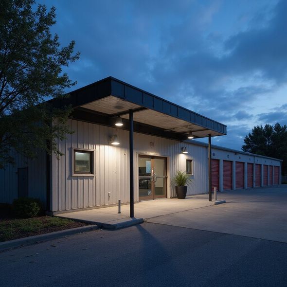 Storage facility entrance under a canopy lit by overhead lights at dusk.