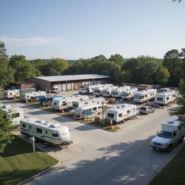 A parking lot filled with RVs, with a building and trees in the background on a sunny day.