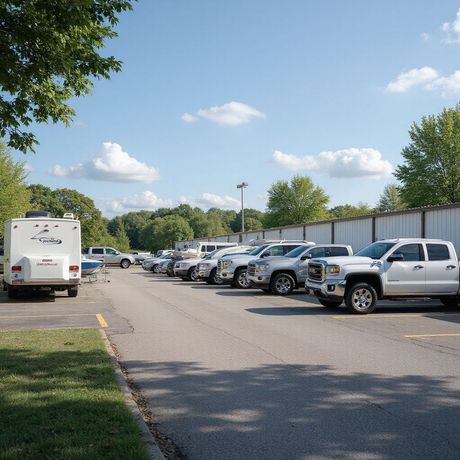 A sunny parking lot with trucks, a trailer, and a blue sky with fluffy clouds.