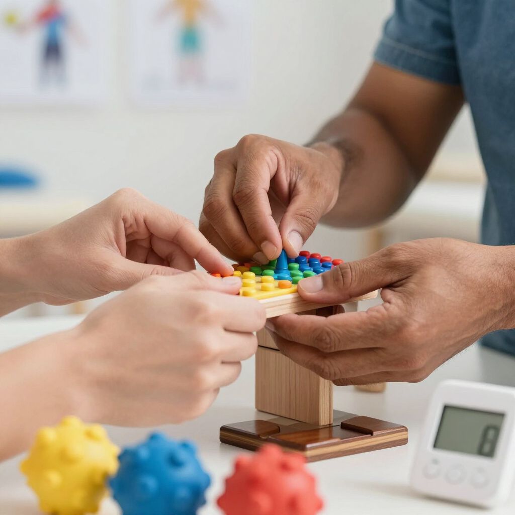 Two people working together to build a structure with colorful blocks on a wooden base. A timer sits nearby.