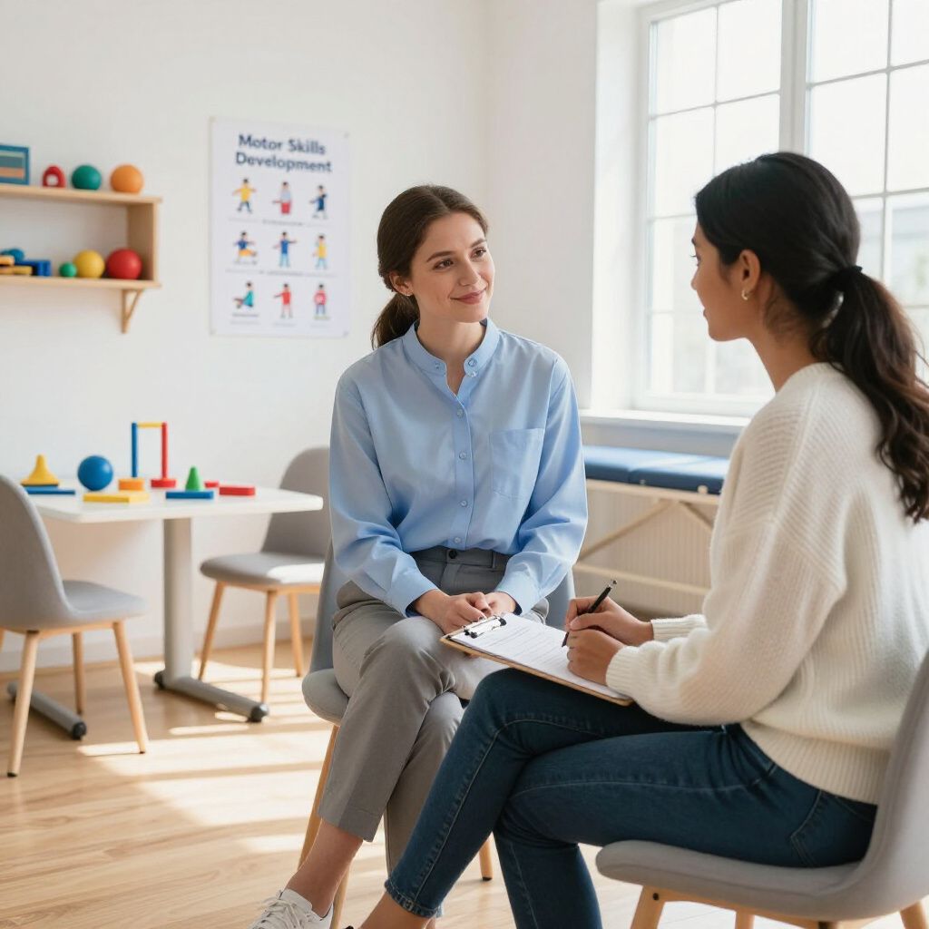 Two women sit in a consultation room; one holds a clipboard, the other smiles. Brightly lit room with toys.