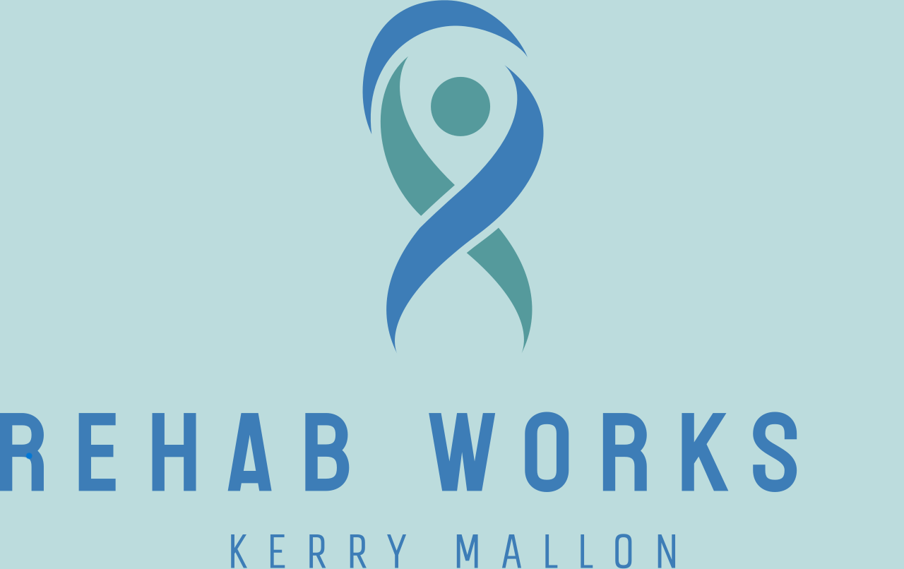 Logo for Rehab Works: stylized figure within a ribbon shape in teal and blue, above text 