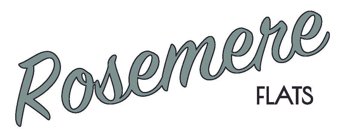 A grey, cursive logo that reads "Rosemere" with the word "FLATS" in smaller, black block letters underneath.