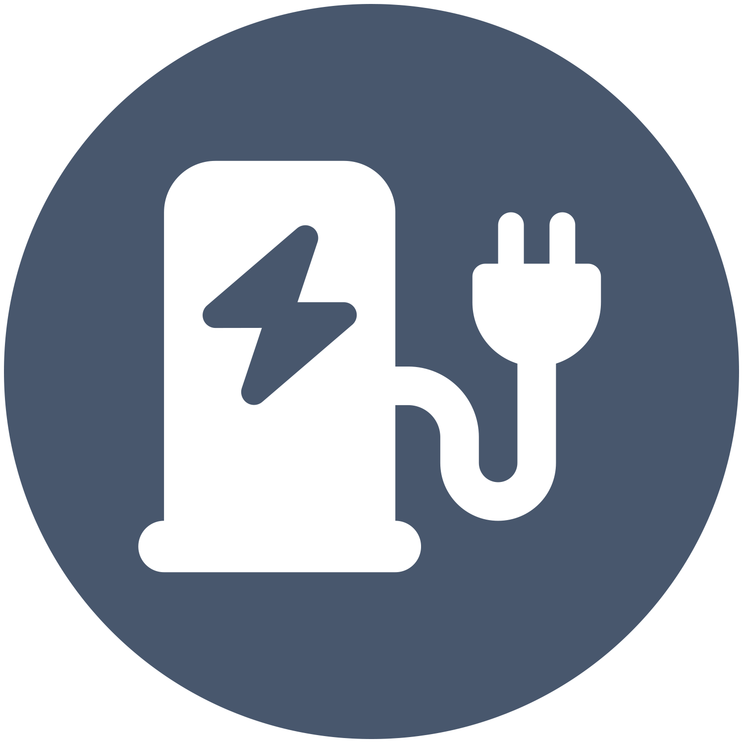 A white icon of a charging station with a lightning bolt and a plug.