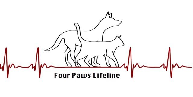 Logo featuring a black outline of a dog and cat silhouette centered over a red heartbeat line reading