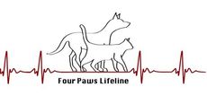 Logo featuring a black outline of a dog and cat silhouette centered over a red heartbeat line reading 
