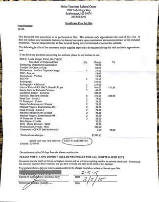 A medical treatment estimate document from Maine Veterinary Referral Center for a patient named Otis, dated 2/5/15.
