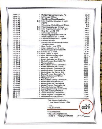 A medical invoice listing itemized charges and dates, with a circled total of 3254.30.
