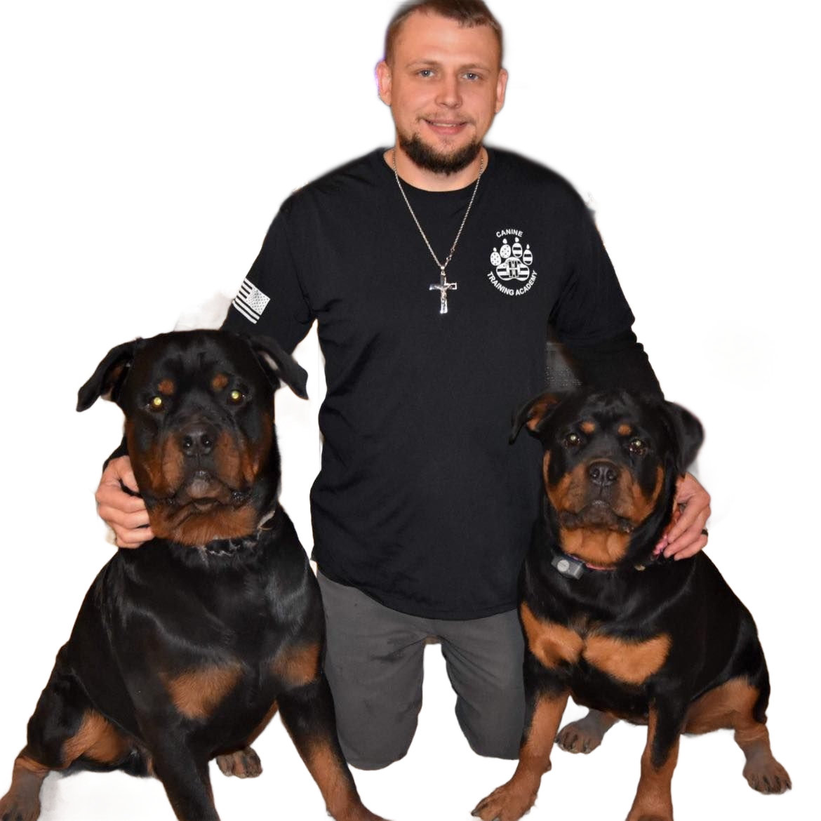 Man kneeling with two black-and-tan Rottweilers on a white background