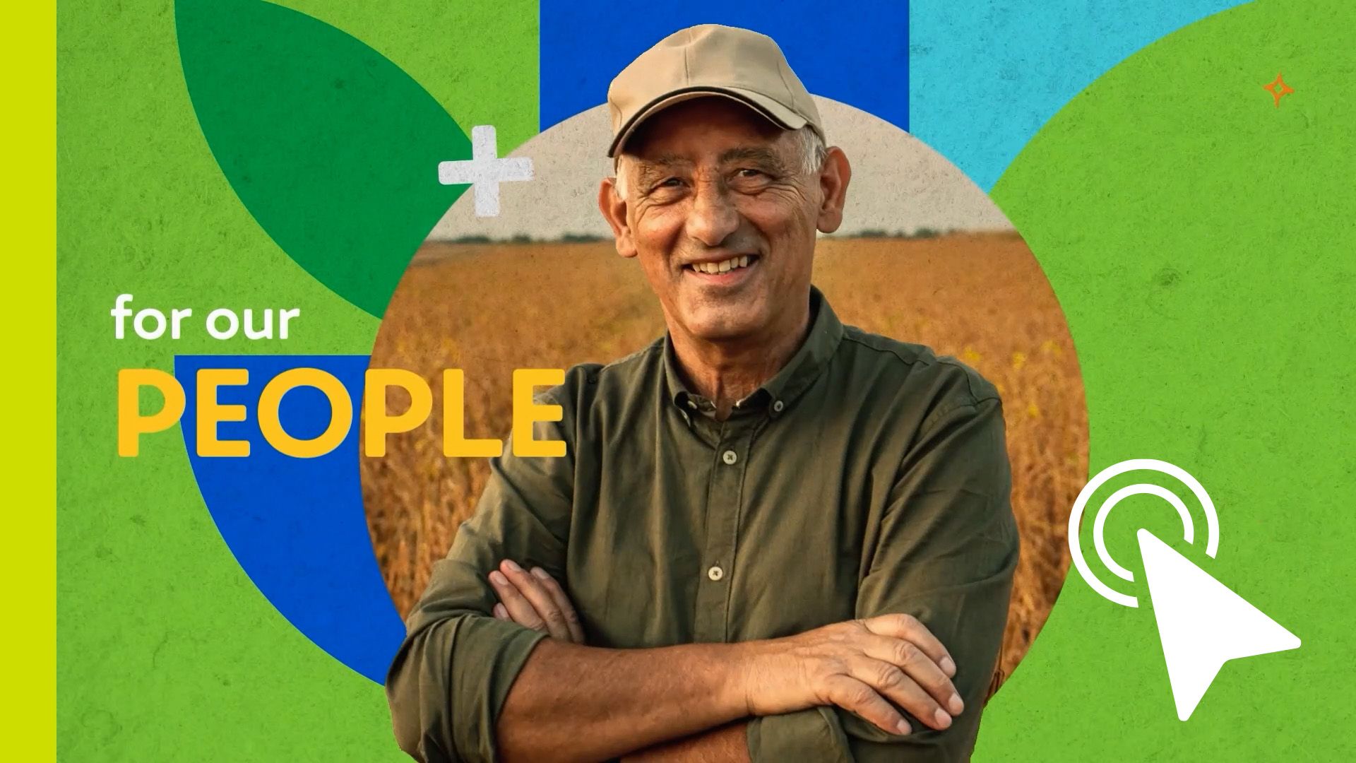 Smiling man with crossed arms on green and yellow background, text reads “for our PEOPLE”