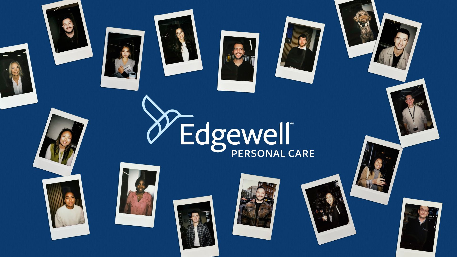 Edgewell Personal Care logo on blue background, surrounded by scattered Polaroid-style photos of people