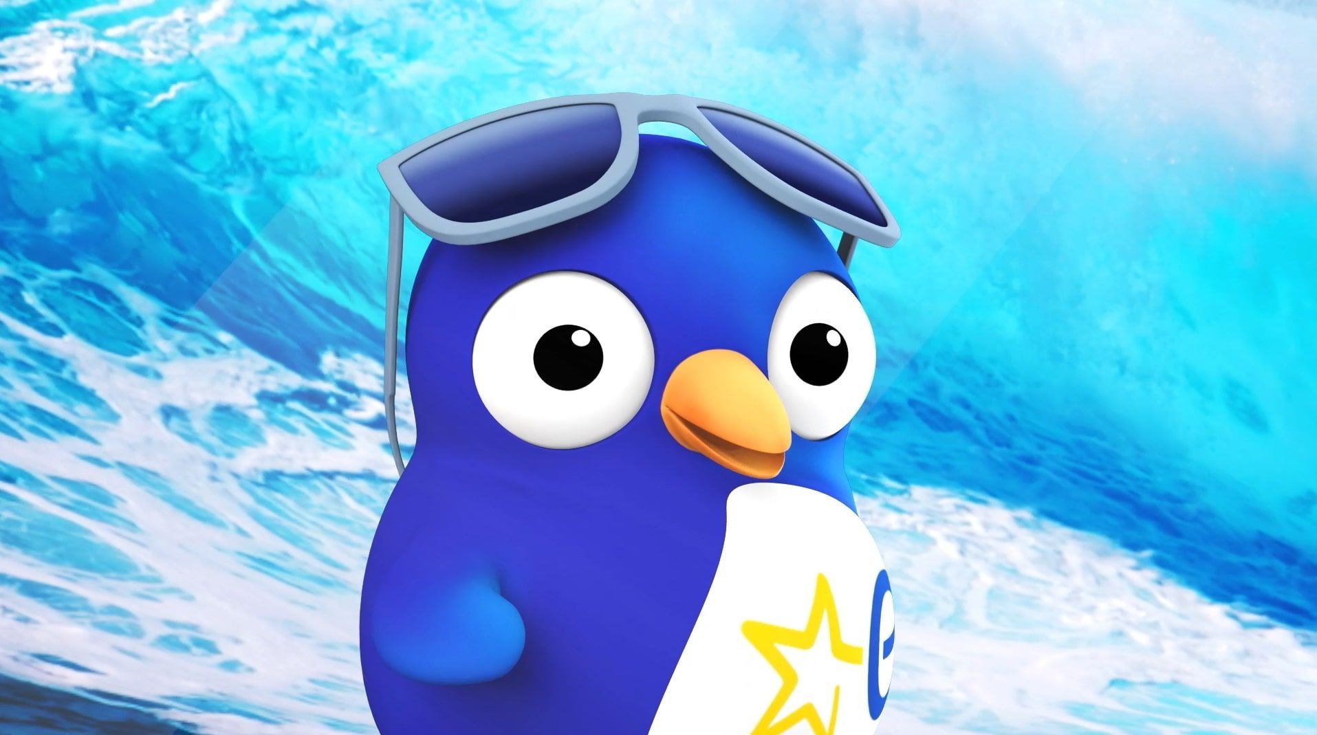 Blue cartoon penguin with sunglasses, standing against a huge wave in background