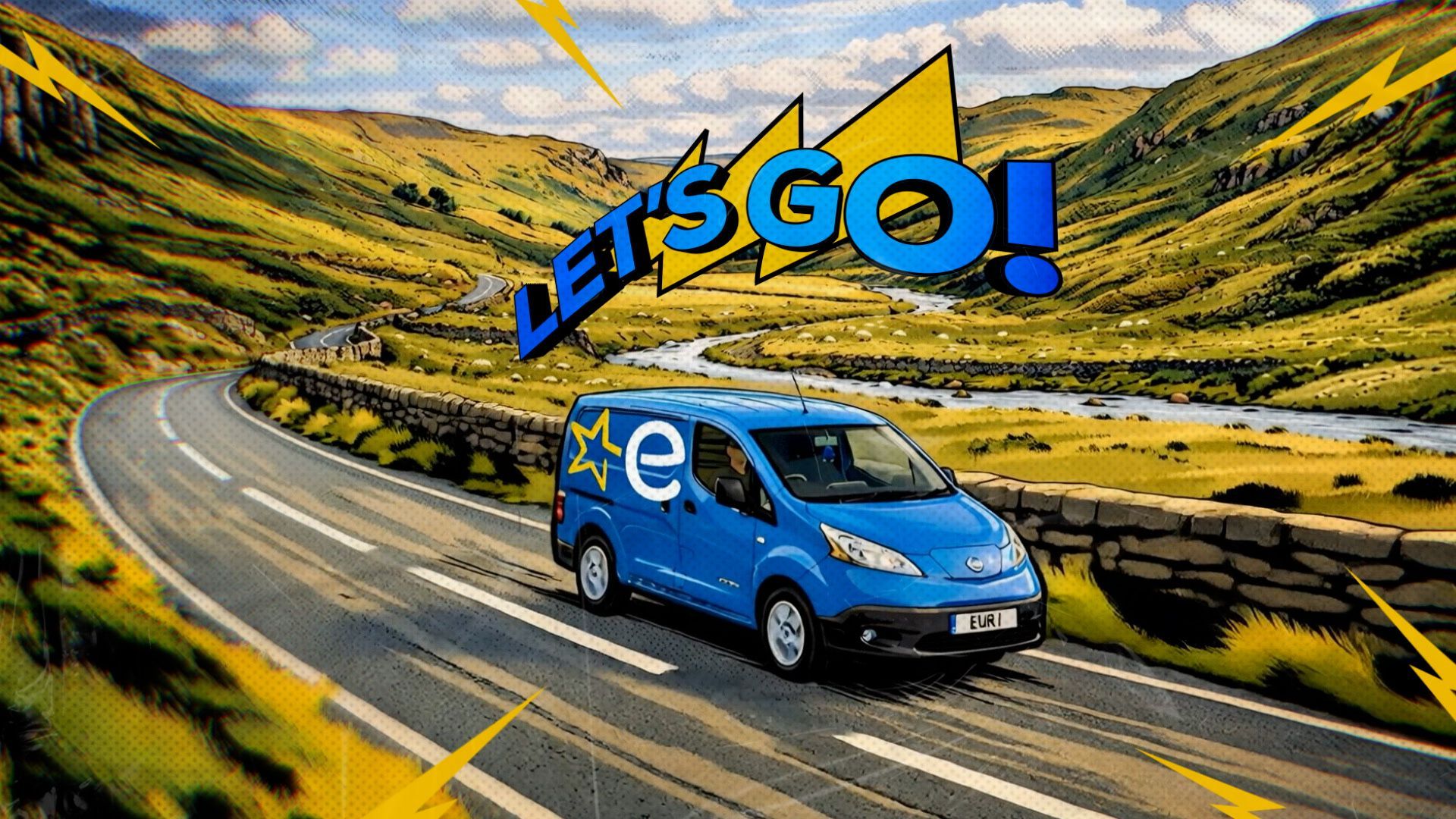 Blue van driving on a winding mountain road with “LET’S GO!” text over a sunny valley landscape