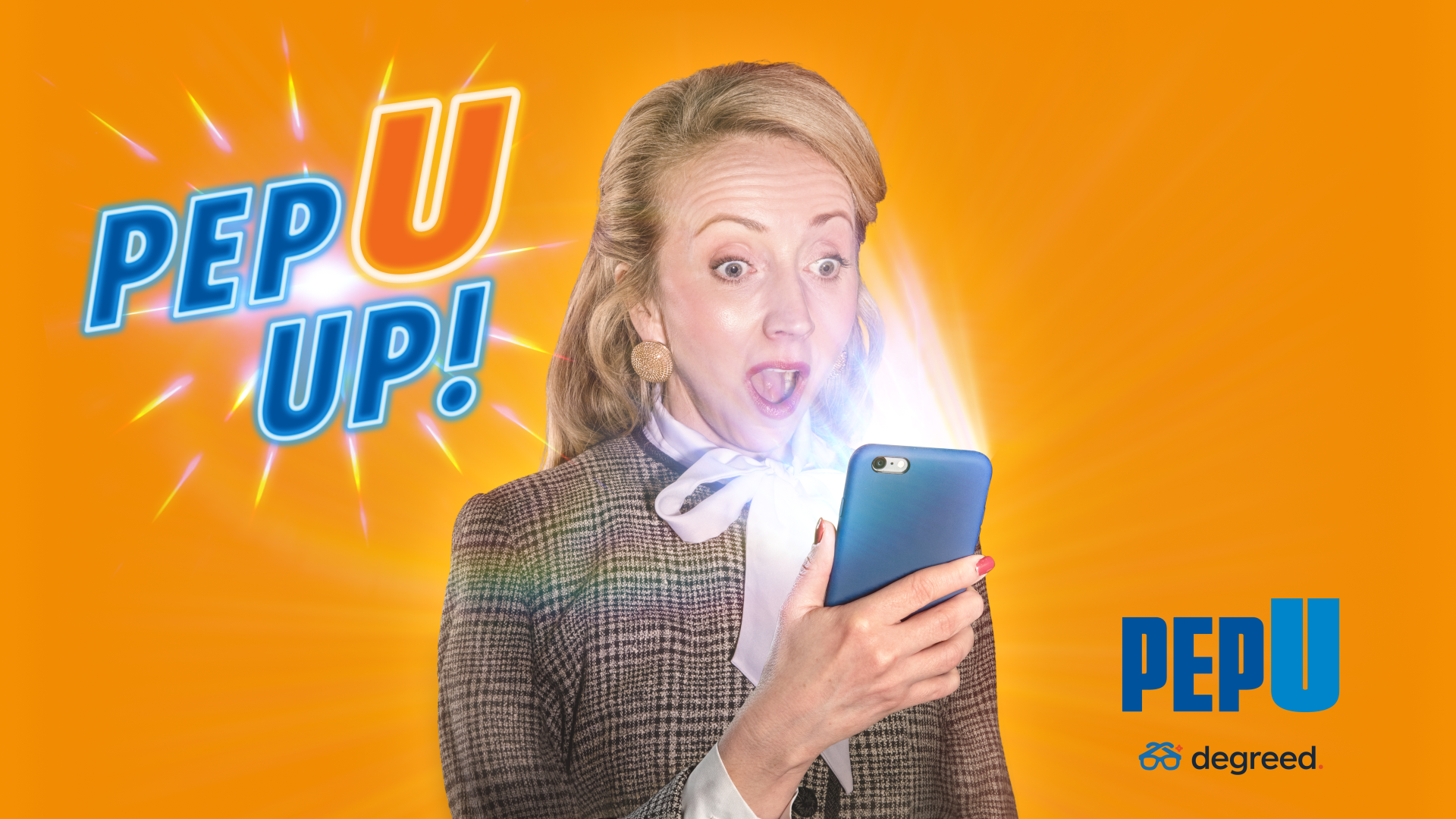 A woman is holding a cell phone with a surprised look on her face.