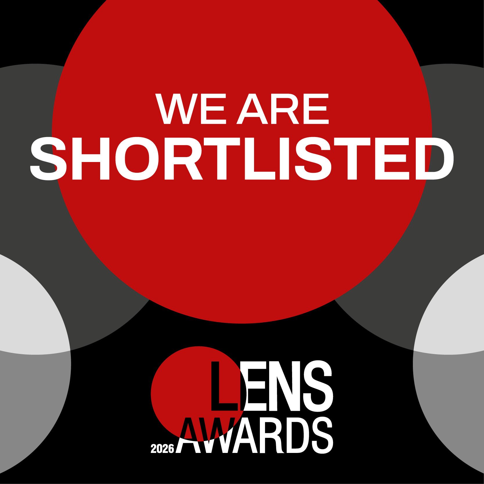Red and black Lens Awards graphic reading “We are shortlisted” with circular design.