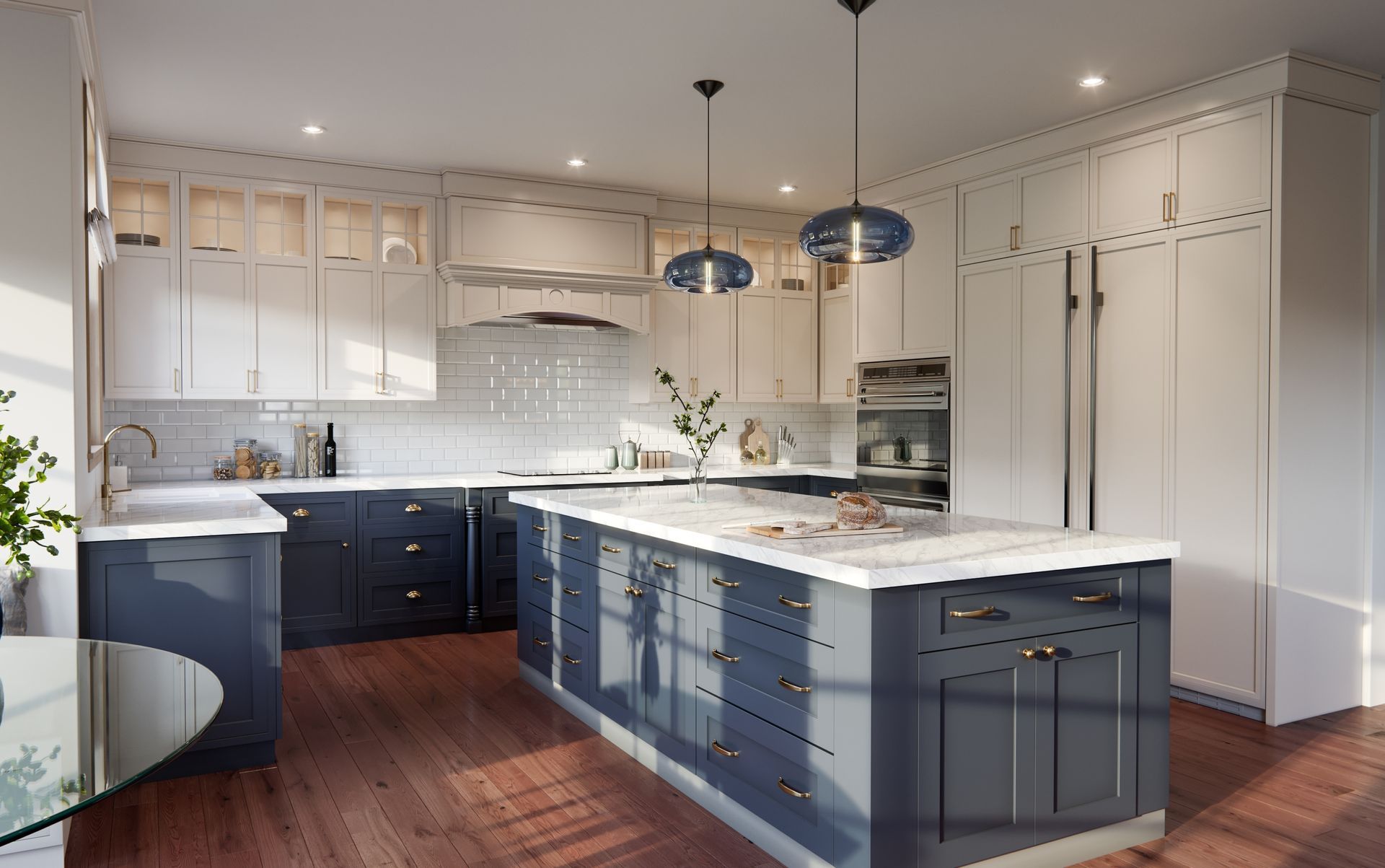 A kitchen with blue and white cabinets and a large island