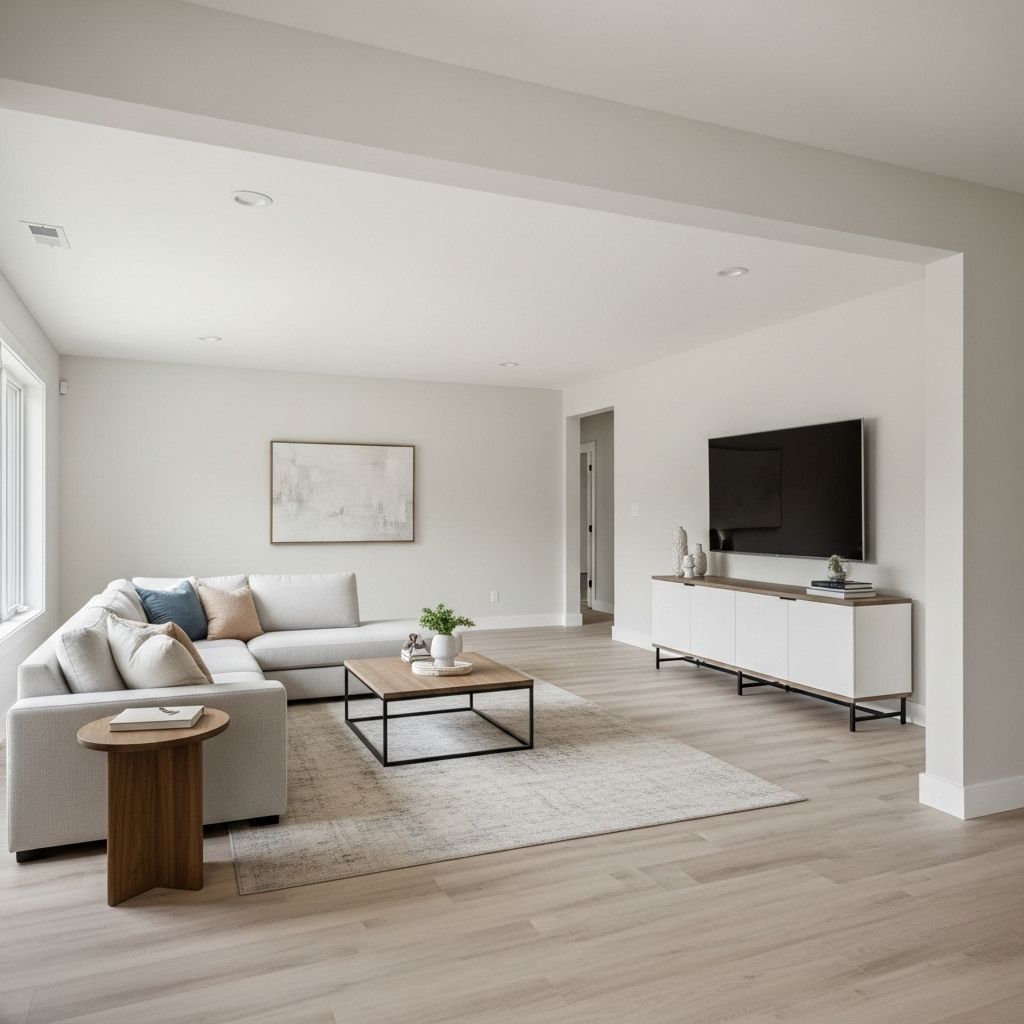 Bright, modern living room with light gray sectional sofa, white media console, and large TV.