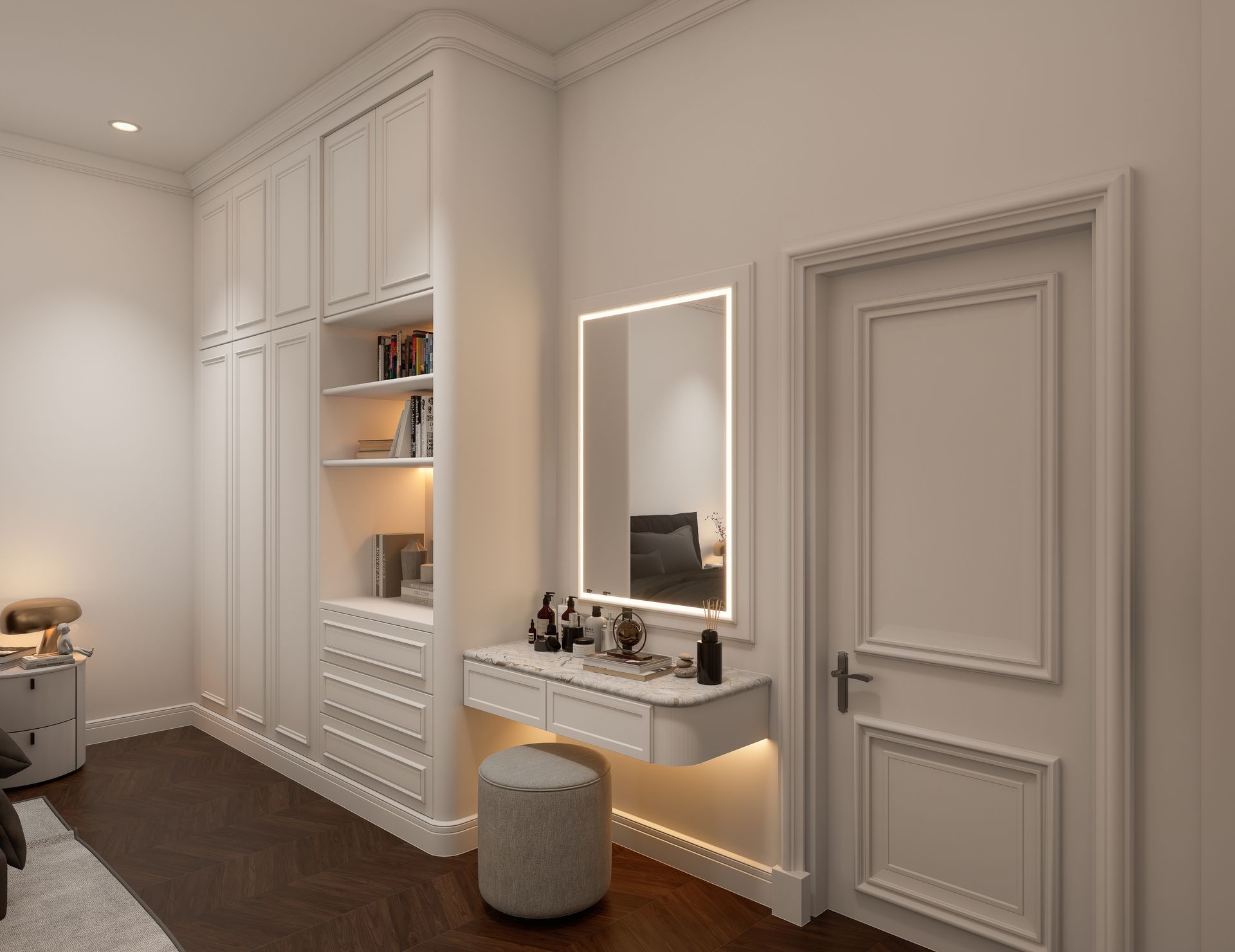 A bedroom with a dressing table and a mirror.